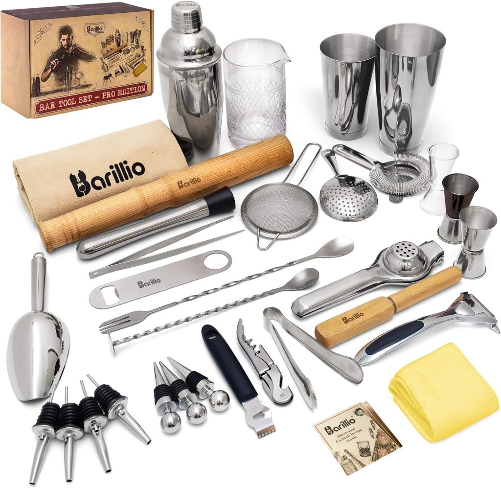 Barillio Mixology Bartender Kit Cocktail Shaker Set | Complete Bar Tool Set Stainless Steel Barware Essentials | Martini Boston Mixer Muddler Mixing Spoon Jigger Strainer Pourers