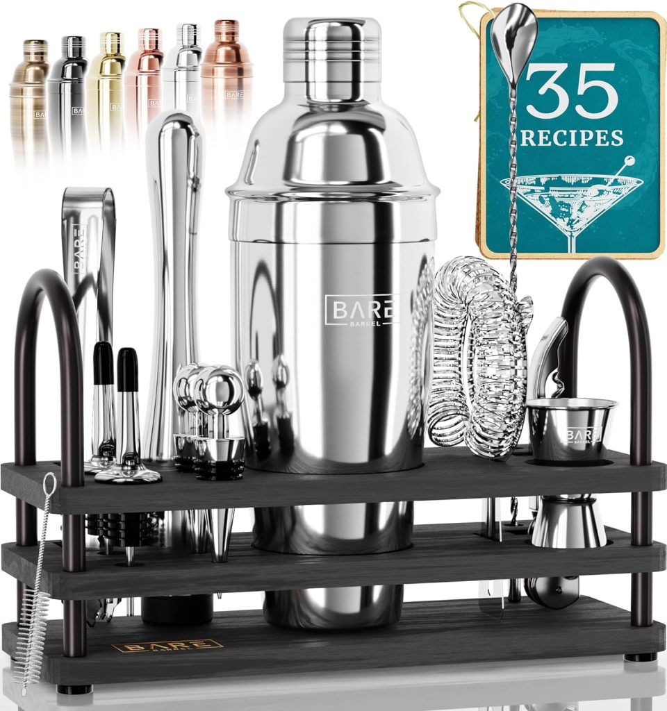 BARE BARREL® Pro Mixology Bartender Set Bar Kit | 14-Piece Boston Cocktail Shaker Set | Professional Barware Mixing Tools for Home Bartending | Stand 35 Recipe Cards | Gift Set (Black Silver)