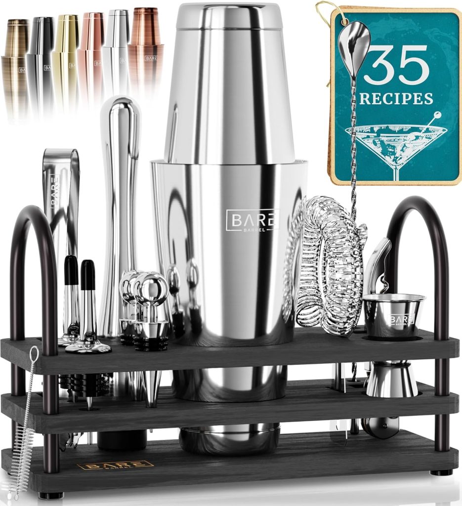 BARE BARREL® Pro Mixology Bartender Set Bar Kit | 14-Piece Boston Cocktail Shaker Set | Professional Barware Mixing Tools for Home Bartending | Stand 35 Recipe Cards | Gift Set (Black Silver)