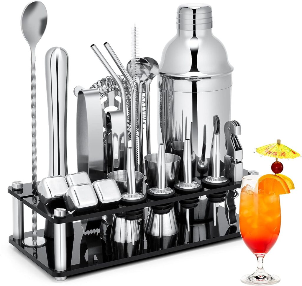 Cocktail Shaker Set, 23-Piece Stainless Steel Bartender Kit with Acrylic Stand Cocktail Recipes Booklet, Professional Bar Tools for Drink Mixing, Home, Bar, Party (Include 4 Whiskey Stones)