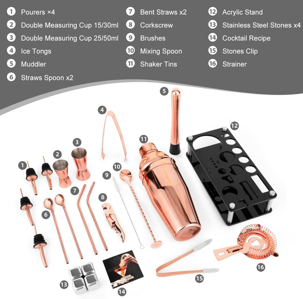 Cocktail Shaker Set, 23-Piece Stainless Steel Bartender Kit with Acrylic Stand Cocktail Recipes Booklet, Professional Bar Tools for Drink Mixing, Home, Bar, Party (Include 4 Whiskey Stones)