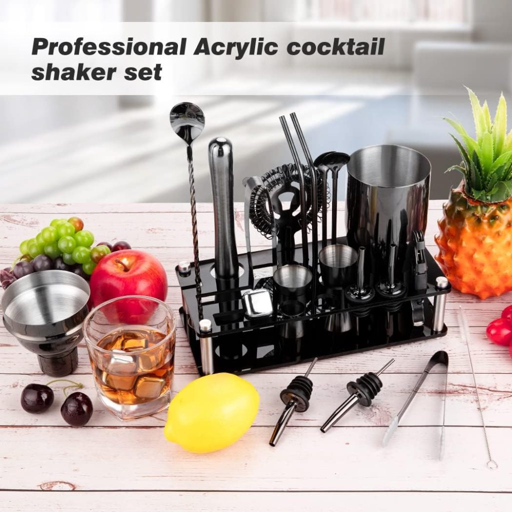 Cocktail Shaker Set, 23-Piece Stainless Steel Bartender Kit with Acrylic Stand Cocktail Recipes Booklet, Professional Bar Tools for Drink Mixing, Home, Bar, Party (Include 4 Whiskey Stones)