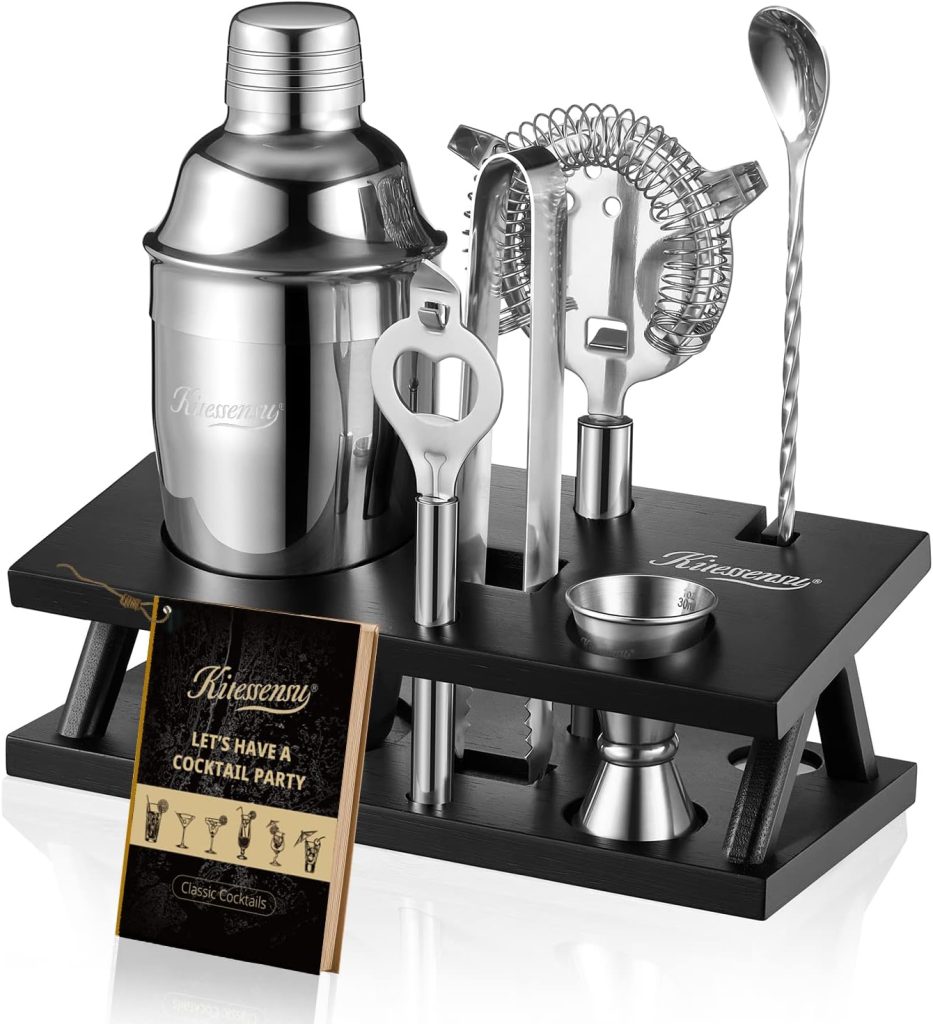 KITESSENSU Cocktail Shaker Set Bartender Kit, 6-Piece Silver Bar Set with Stand, Bar kit with Essential Bar Accessory Tools: Martini Shaker, Jigger, Strainer, Bar Spoon, Tongs, Opener