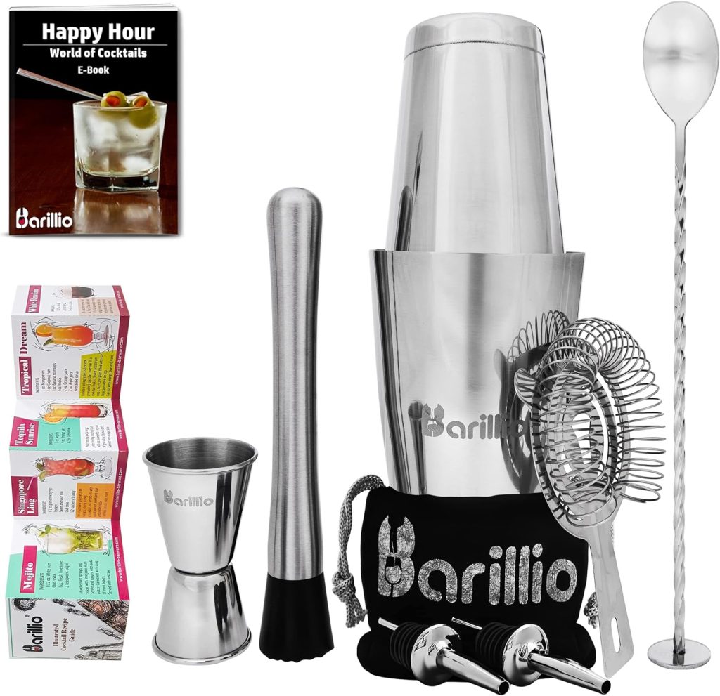 Boston Shaker Cocktail Shaker Set | Professional Bartender Kit with Weighted Martini Mixer, Hawthorne Strainer, Jigger, Mojito Muddler, Mixing Spoon  2 Liquor Pourers……