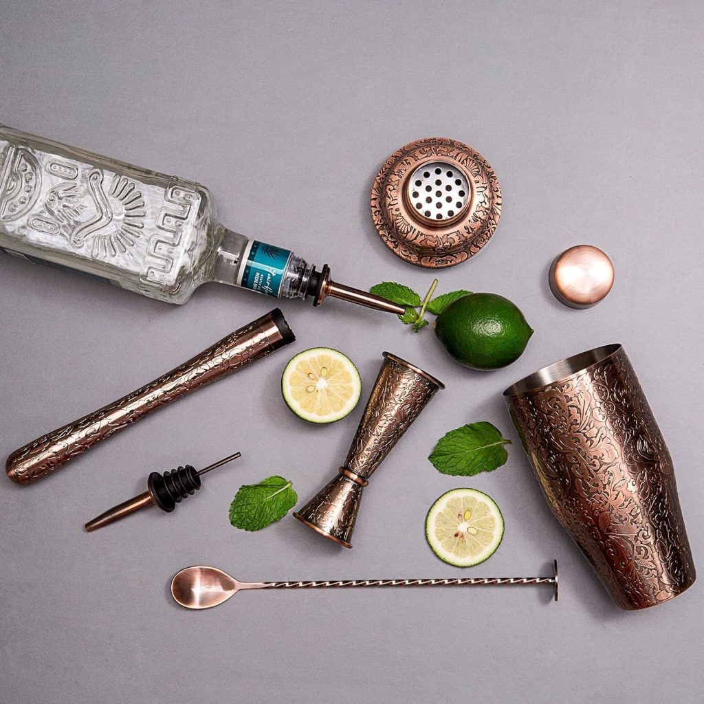 SKY FISH 3D Etching Cocktail Shaker Set Bartender Kit with Cocktail Shaker,Jigger, Muddler, Bar Spoon, Bar Accessory Tools, Reindeer Deer Head Pattern, Stainless Steel, Copper Plated SKY FISH 3D Etching Cocktail Shaker Set Bartender Kit with Cocktail Shaker,Jigger, Muddler, Bar Spoon, Bar Accessory Tools, Reindeer Deer Head Pattern, Stainless Steel, Copper Plated