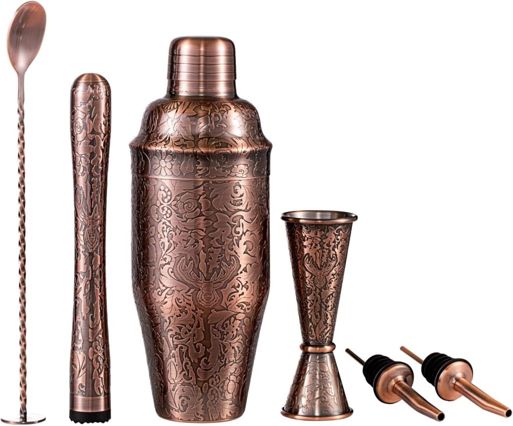 SKY FISH 3D Etching Cocktail Shaker Set Bartender Kit with Cocktail Shaker,Jigger, Muddler, Bar Spoon, Bar Accessory Tools, Reindeer Deer Head Pattern, Stainless Steel, Copper Plated SKY FISH 3D Etching Cocktail Shaker Set Bartender Kit with Cocktail Shaker,Jigger, Muddler, Bar Spoon, Bar Accessory Tools, Reindeer Deer Head Pattern, Stainless Steel, Copper Plated