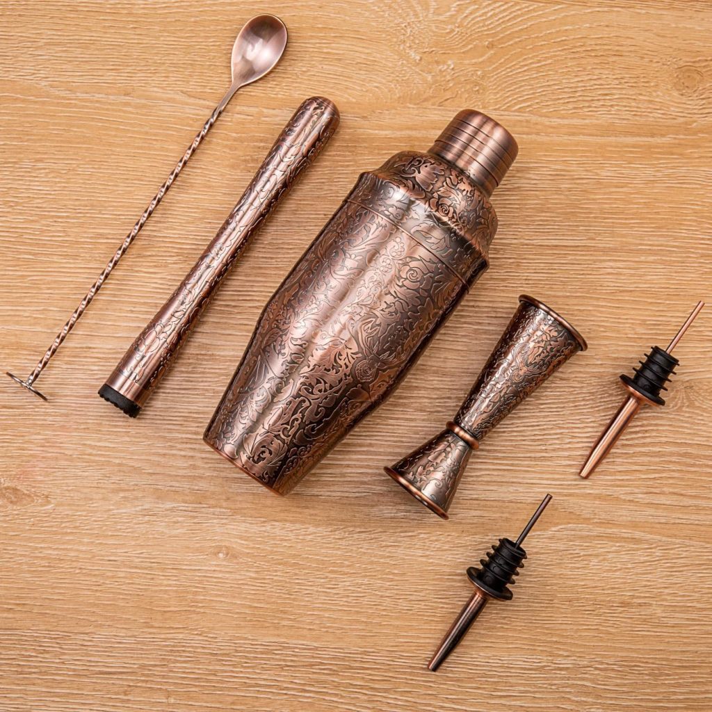 SKY FISH 3D Etching Cocktail Shaker Set Bartender Kit with Cocktail Shaker,Jigger, Muddler, Bar Spoon, Bar Accessory Tools, Reindeer Deer Head Pattern, Stainless Steel, Copper Plated SKY FISH 3D Etching Cocktail Shaker Set Bartender Kit with Cocktail Shaker,Jigger, Muddler, Bar Spoon, Bar Accessory Tools, Reindeer Deer Head Pattern, Stainless Steel, Copper Plated