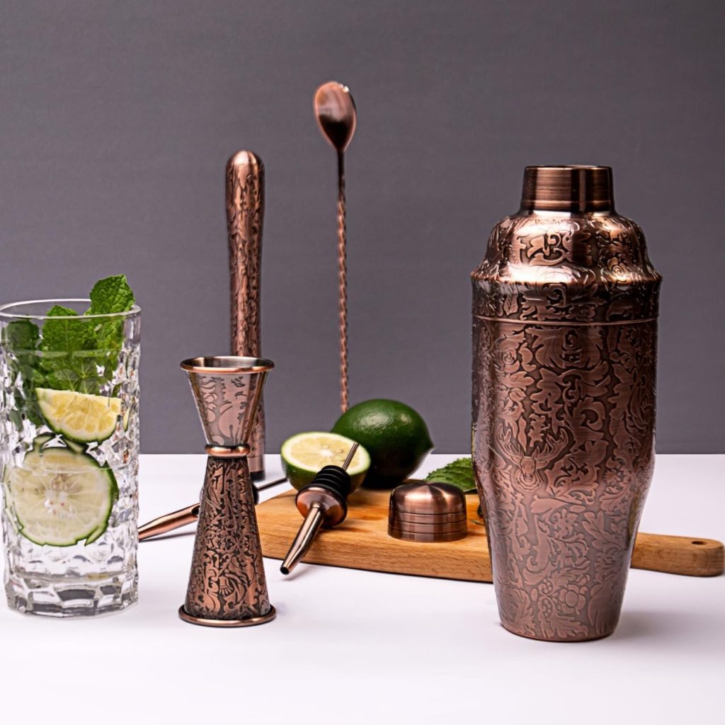SKY FISH 3D Etching Cocktail Shaker Set Bartender Kit with Cocktail Shaker,Jigger, Muddler, Bar Spoon, Bar Accessory Tools, Reindeer Deer Head Pattern, Stainless Steel, Copper Plated SKY FISH 3D Etching Cocktail Shaker Set Bartender Kit with Cocktail Shaker,Jigger, Muddler, Bar Spoon, Bar Accessory Tools, Reindeer Deer Head Pattern, Stainless Steel, Copper Plated