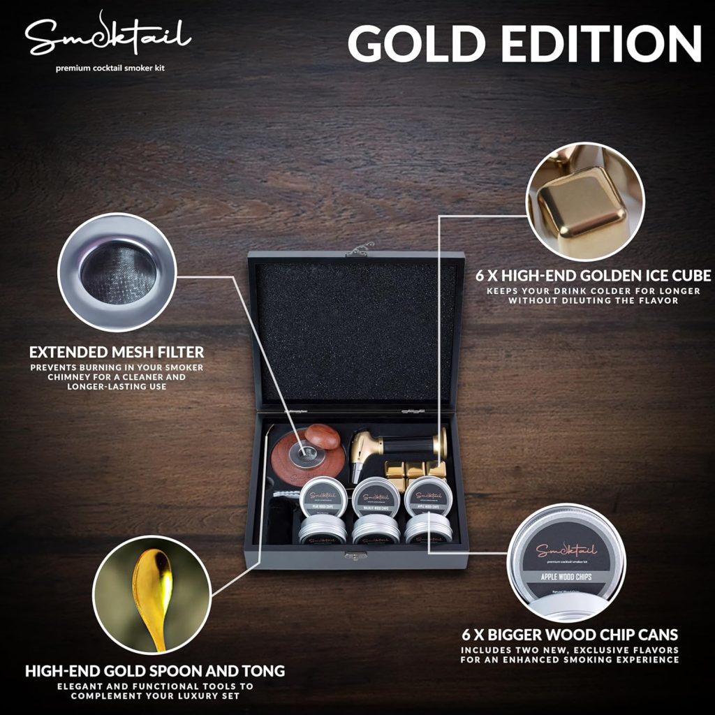 Cocktail Smoker Kit by Smoktail – Gold Luxury Edition for Infusing Bourbon Whiskey – Old Fashioned Cocktails Smoker Set with Torch 6 Flavor Wood Chips – Best Gift for Men Women (Without Butane) Cocktail Smoker Kit by Smoktail – Gold Luxury Edition for Infusing Bourbon Whiskey – Old Fashioned Cocktails Smoker Set with Torch 6 Flavor Wood Chips – Best Gift for Men Women (Without Butane)