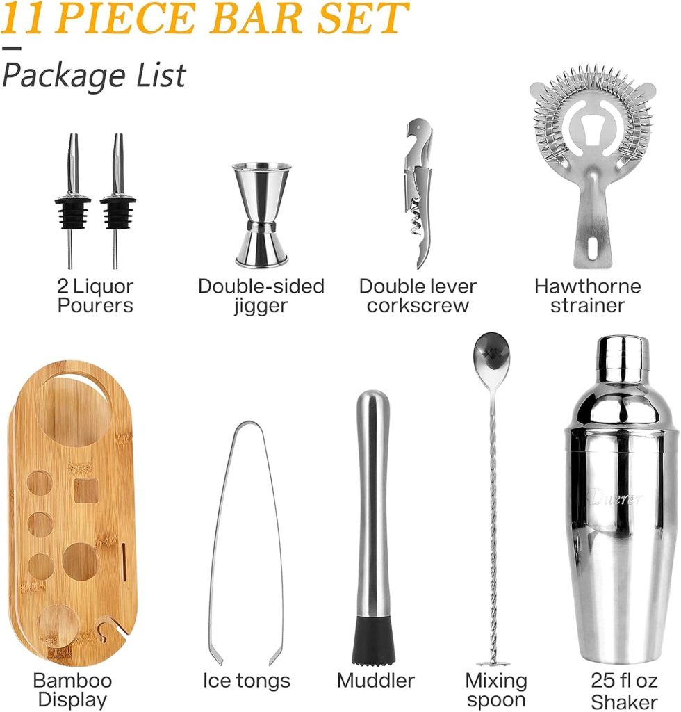 Duerer Bartender Kit with Stand, 11-Piece Cocktail Kit with Stylish Bamboo Stand, Perfect Home Bar Tool Set and Professional Martini Bartender Set, Perfect Drink Mixing Bar Set Tools Duerer Bartender Kit with Stand, 11-Piece Cocktail Kit with Stylish Bamboo Stand, Perfect Home Bar Tool Set and Professional Martini Bartender Set, Perfect Drink Mixing Bar Set Tools