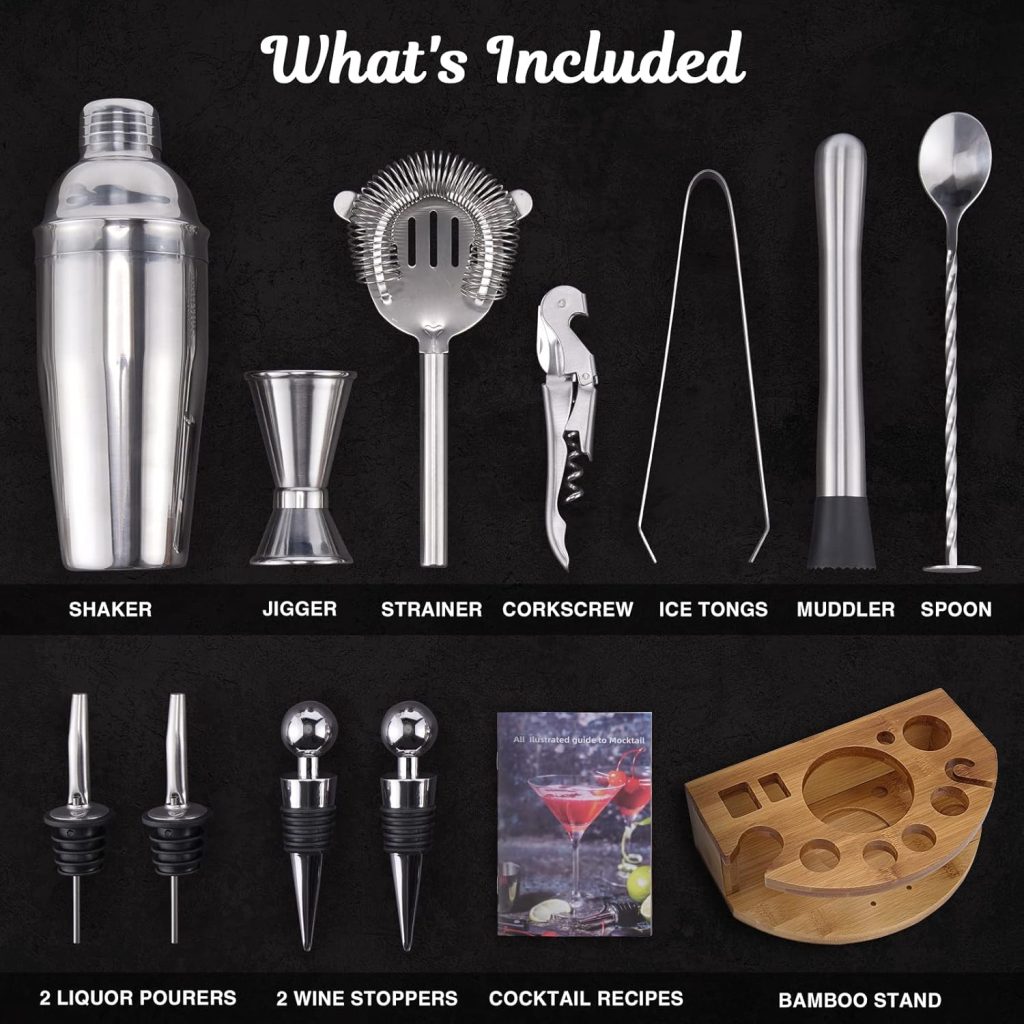 Bartender Kit with Bamboo Stand, 12 Piece 25oz Cocktail Shaker Set with All Essential Bar Tools Set for Drink Mixing, Ideal Gifts for Cocktail Lovers, Home Bar Bartending Kit with Cocktail Recipes Bartender Kit with Bamboo Stand, 12 Piece 25oz Cocktail Shaker Set with All Essential Bar Tools Set for Drink Mixing, Ideal Gifts for Cocktail Lovers, Home Bar Bartending Kit with Cocktail Recipes