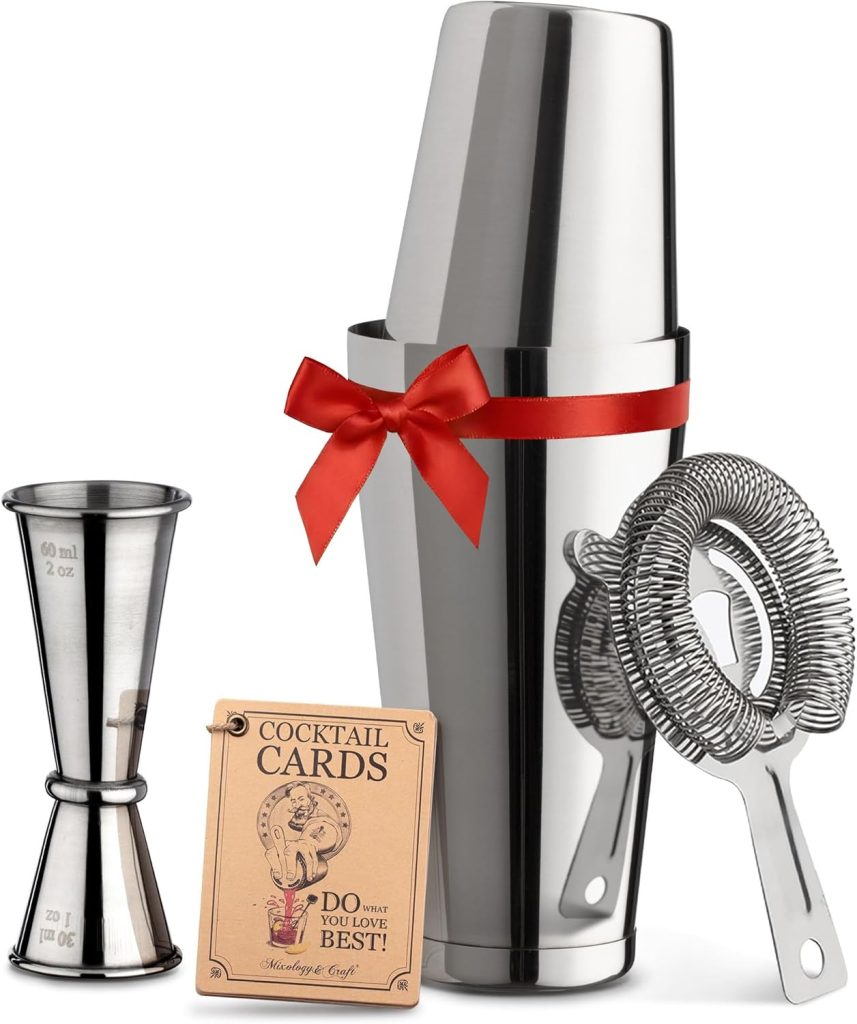 Mixology Cocktail Shaker Boston Shaker Set Professional Weighted Martini Shakers, Strainer and Japanese Jigger, Portable Bar Set for Drink Mixer Bartending, Exclusive Recipes Cards (Silver) Mixology Cocktail Shaker Boston Shaker Set Professional Weighted Martini Shakers, Strainer and Japanese Jigger, Portable Bar Set for Drink Mixer Bartending, Exclusive Recipes Cards (Silver)