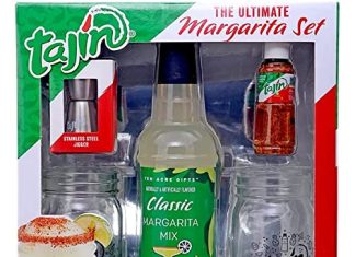 Ten Acre Gifts Tajin Margarita Mix Gift Set, Margarita Kit with Cocktail Mixer, Tajín Clasico Seasoning, 2 Mason Jars, and Stainless Steel Jigger