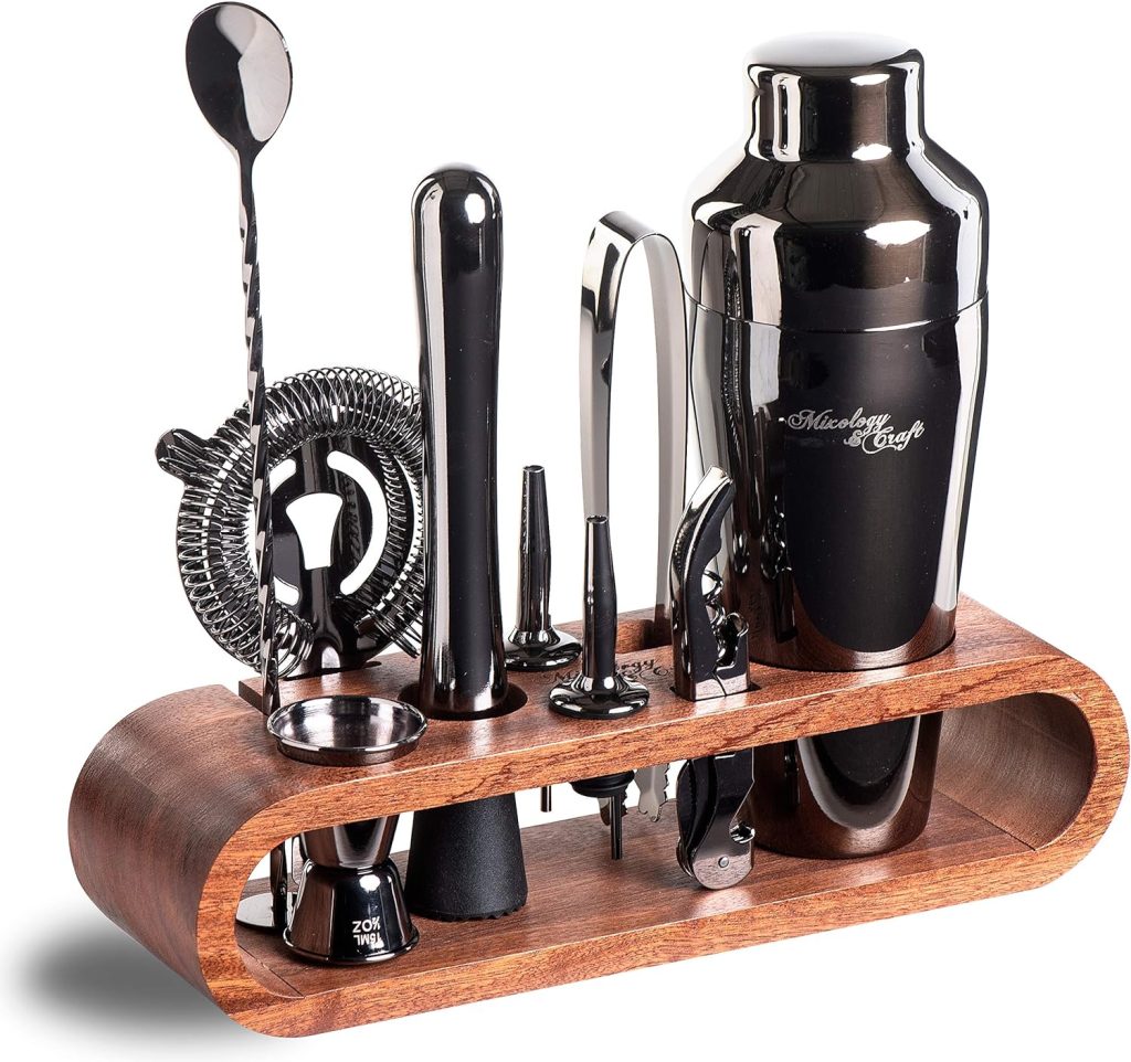 Mixology Bartender Kit: 10-Piece Bar Tool Set with Mahogany Stand | Perfect Home Bartending Kit and Martini Cocktail Shaker Set for a Perfect Drink Mixing Experience | Housewarming Gift (Gun-Metal)