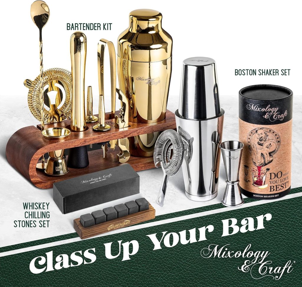 Mixology Bartender Kit: 10-Piece Bar Tool Set with Mahogany Stand | Perfect Home Bartending Kit and Martini Cocktail Shaker Set for a Perfect Drink Mixing Experience | Housewarming Gift (Gun-Metal)