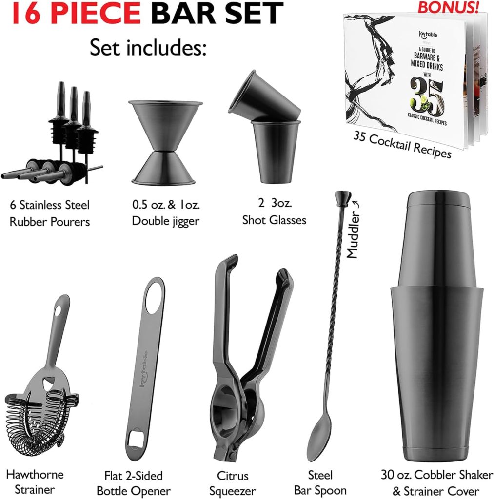 Bar Set Cocktail Shaker Set Bartender Kit, 8 Piece Black Cocktail Set, Mixology Bartender Kit, Steel Drink Shakers Cocktail Kit, Bar Accessories: 24oz Martini Shaker, Muddler, Cocktail Book and More