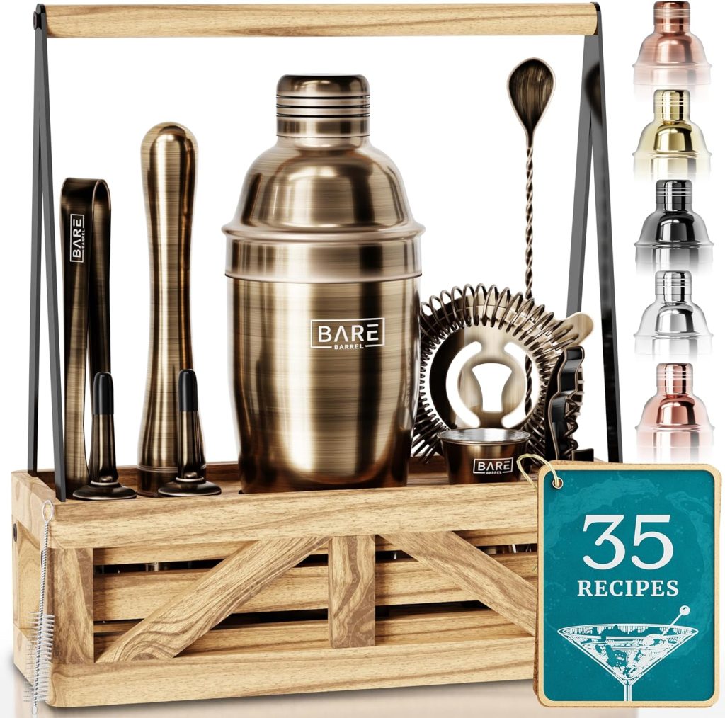 BARE BARREL® Mixology Bartender Kit Bar Set | Martini Cocktail Shaker Set | Barware Mixing Tools for Home Bartending | Farmhouse Rustic Portable Caddy  35 Recipe Cards | Gift Set (Brass)