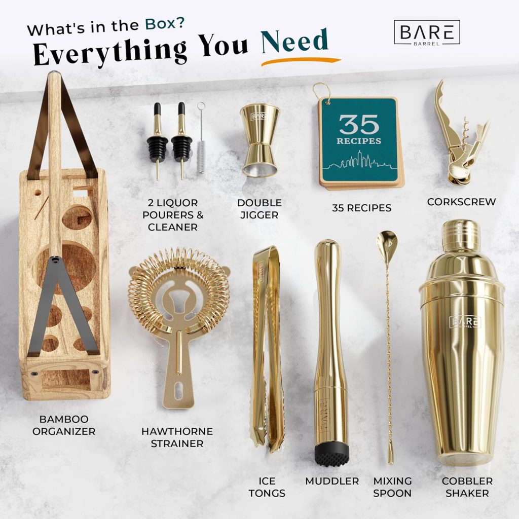 BARE BARREL® Mixology Bartender Kit Bar Set | Martini Cocktail Shaker Set | Barware Mixing Tools for Home Bartending | Farmhouse Rustic Portable Caddy  35 Recipe Cards | Gift Set (Brass)