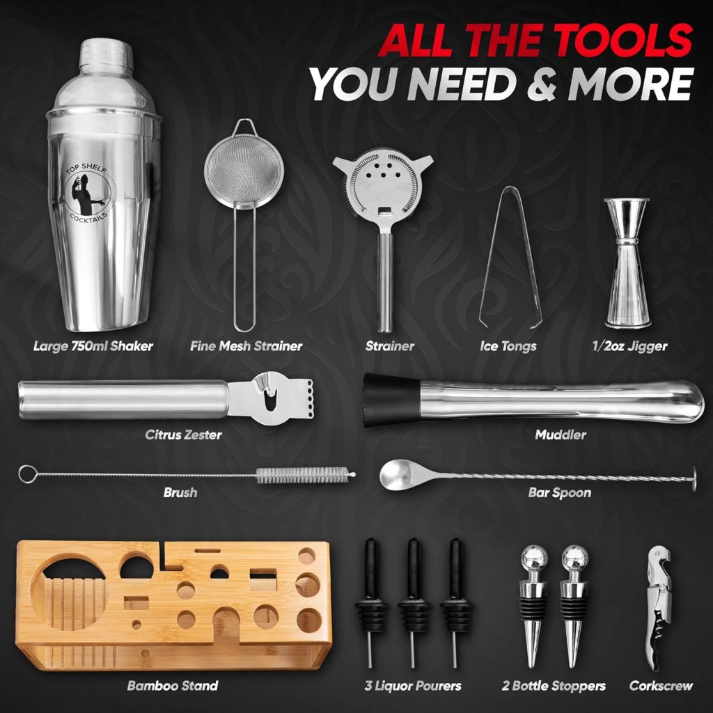 Bartender Tool Set has to Craft Perfect Drinks - Designed for Lasting use and Durability Feel Like a Professional Mixologist - Includes Items Such as a Shaker Jigger and Strainer