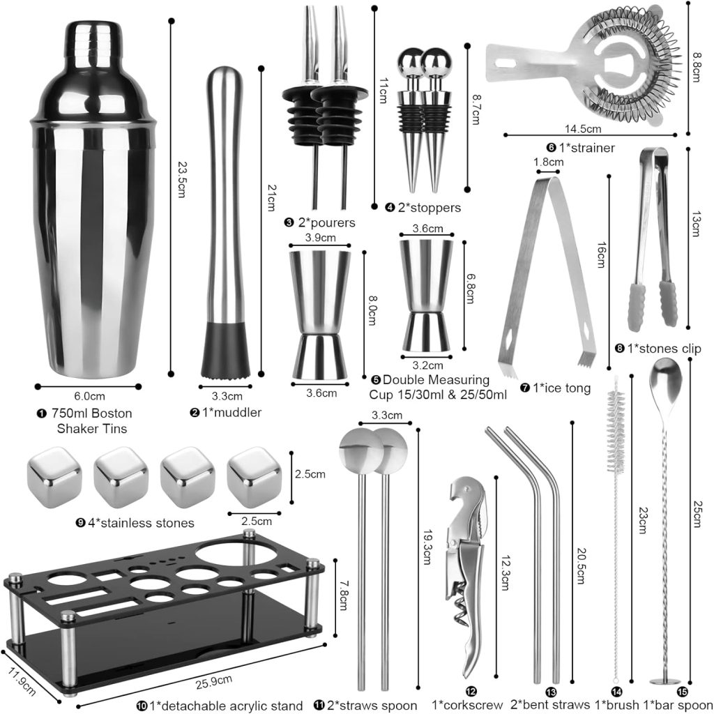 Inlisy Bartender Kit, 23-Piece Stainless Steel Bar Set Cocktail Shaker Set, Portable Martini Mixer Bar Tools Set Shaker Set with Stand, Great Gift for Home, Bar, Party