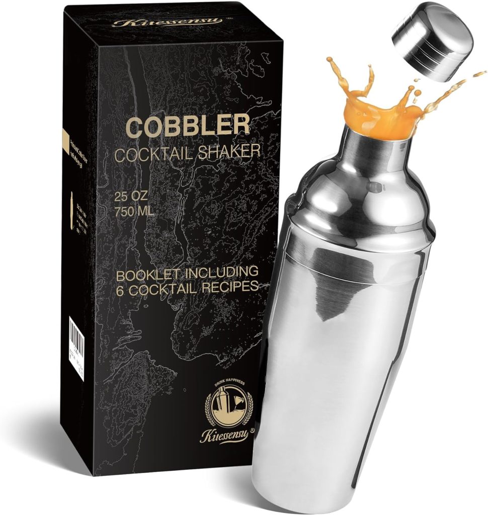 KITESSENSU Cobbler Cocktail Shaker - 25 OZ Martini Shaker with Strainer - Premium 18/8 Stainless Steel Drink Mixing Shaker with Recipes Booklet - Silver