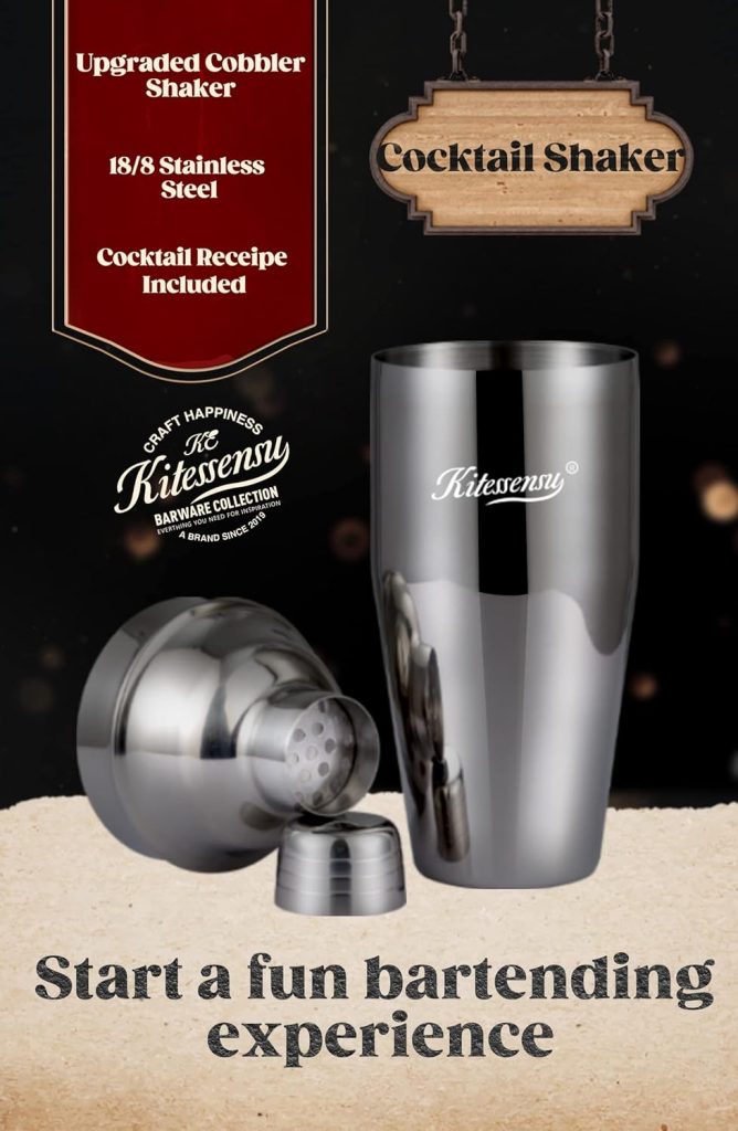 KITESSENSU Cobbler Cocktail Shaker - 25 OZ Martini Shaker with Strainer - Premium 18/8 Stainless Steel Drink Mixing Shaker with Recipes Booklet - Silver