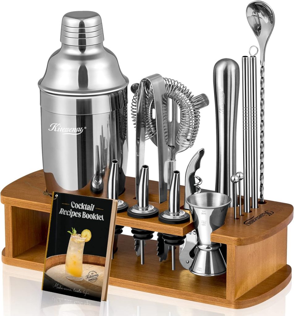 KITESSENSU Cocktail Shaker Set Bartender Kit with Stand | Bar Set Drink Mixer Set with All Essential Accessory Tools: Martini Shaker, Jigger, Strainer, Mixer Spoon, Muddler, Liquor Pourers |Silver