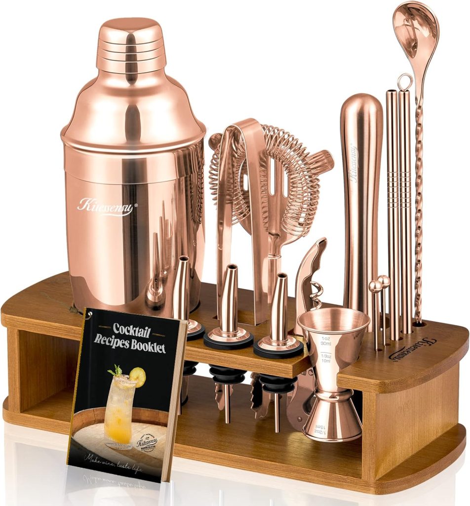 KITESSENSU Cocktail Shaker Set Bartender Kit with Stand | Bar Set Drink Mixer Set with All Essential Accessory Tools: Martini Shaker, Jigger, Strainer, Mixer Spoon, Muddler, Liquor Pourers |Silver