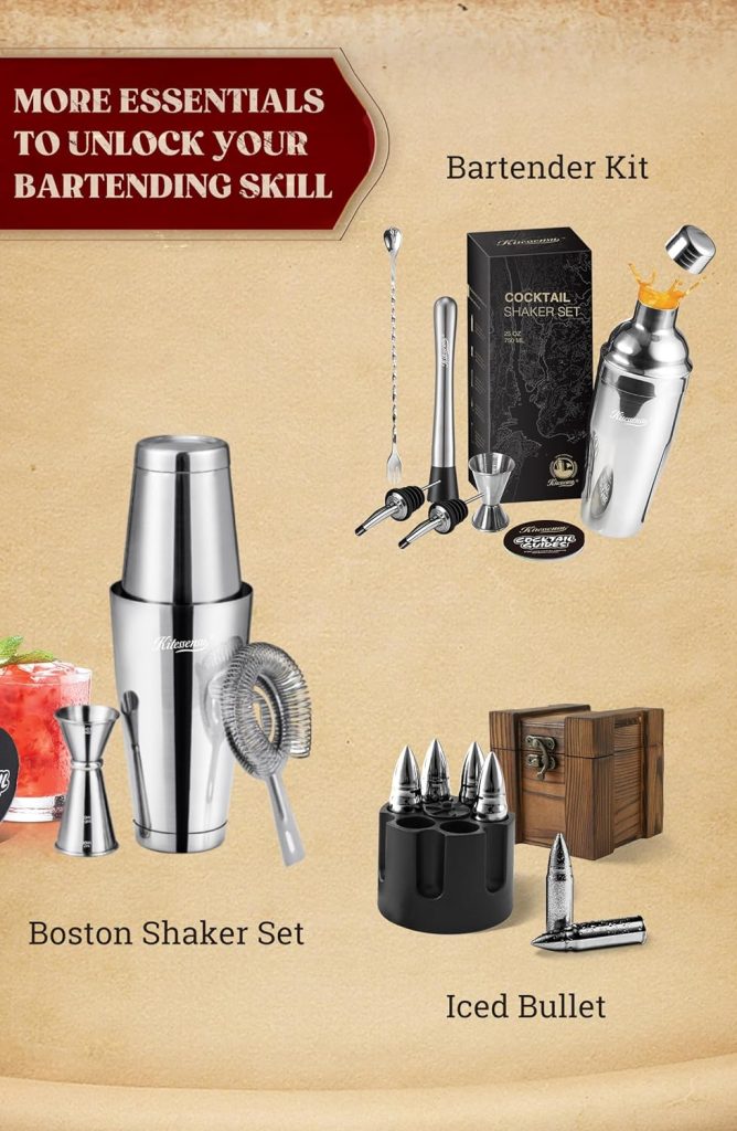 KITESSENSU Cocktail Shaker Set with Velvet Bag, 7 Pieces Bartender Kit: 25 oz Martini Shaker, Jigger, Muddler, 2 Liquor Pour Spouts, Bar Spoon, Recipes Booklet - Silver