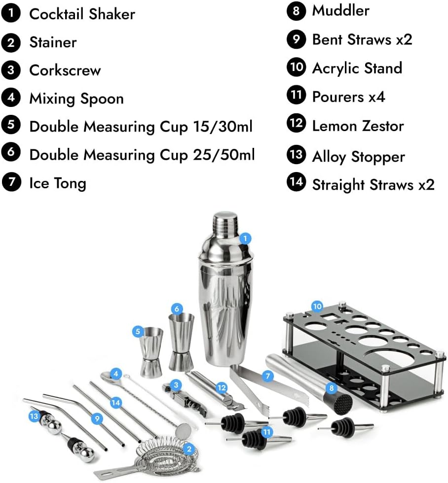 Mixology Bartender Kit, 21-Piece Cocktail Shaker Set Stainless Steel Drink Shaker Bar Set with Acrylic Stand, Perfect Cocktail Set for Drink Mixing, Home, Bar and Parties