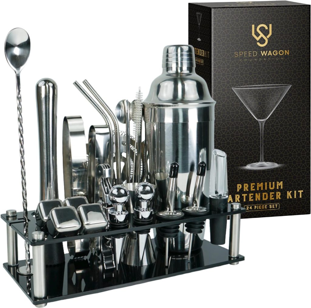 Mixology Bartender Kit – 24 Piece Silver Cocktail Shaker Set w/Stand – Essential Home Bar Accessories Martini Shaker, Jigger, Muddler, Chilling Cubes More