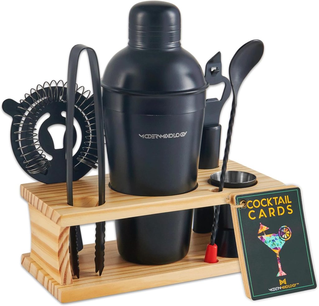 Mixology Bartender Kit - 8-Piece Cocktail Shaker Set with Wood Stand, Recipe Cards, and Bar Accessories Ideas (Black Matte)