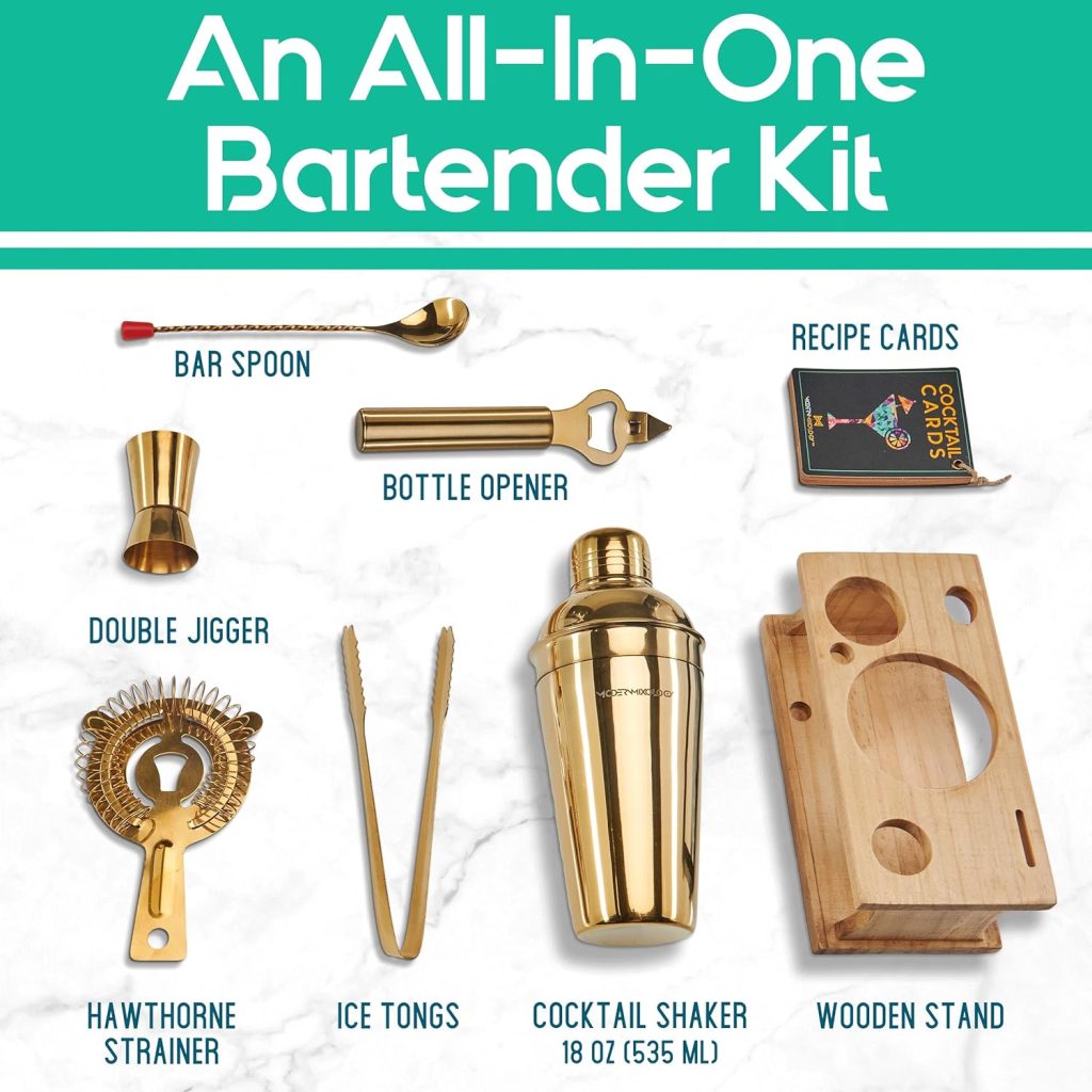 Mixology Bartender Kit - 8-Piece Cocktail Shaker Set with Wood Stand, Recipe Cards, and Bar Accessories Ideas (Black Matte)