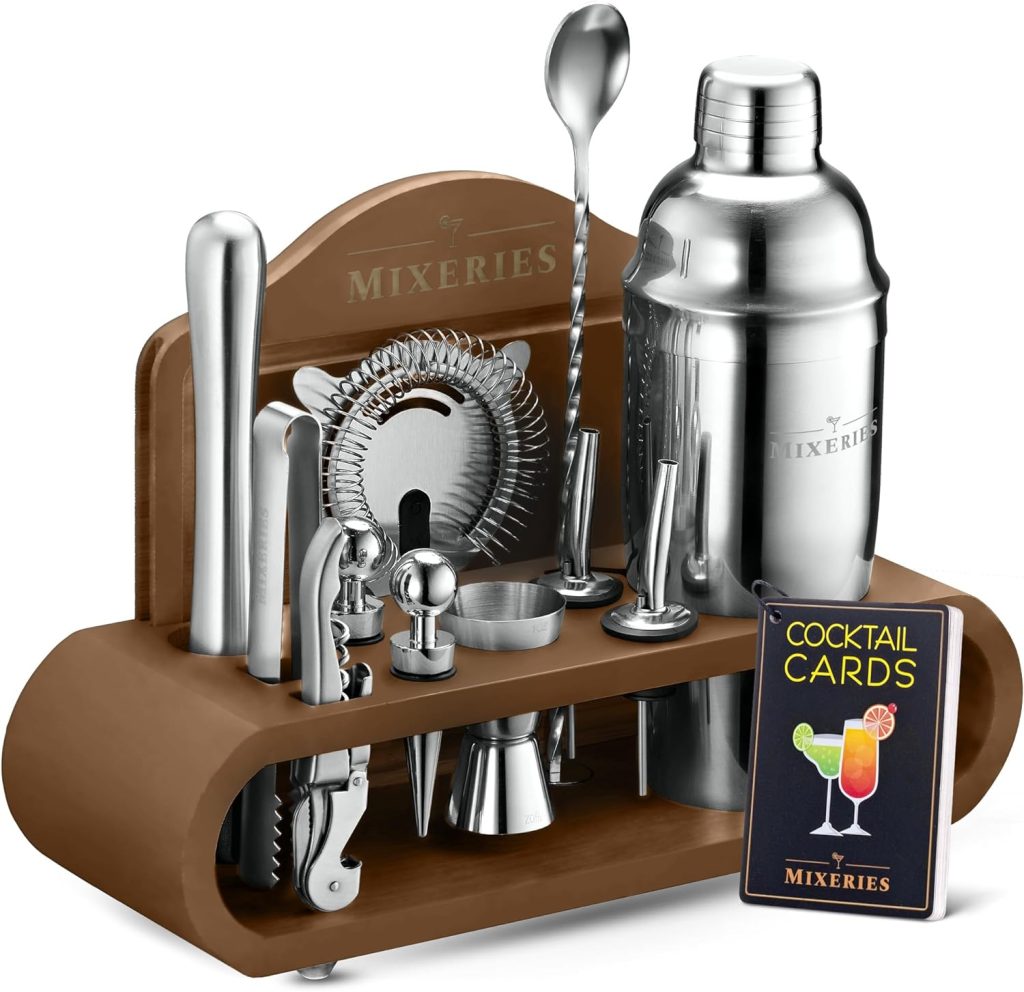 Mixology Bartender Kit with Stand - 18 Piece Bar Set Cocktail Shaker Set, Drink Mixer Set for Home Bar with All Bar Accessories - Bar Tool Set, Cocktail Kit, Mixology Set, Bar Kit (Brown)