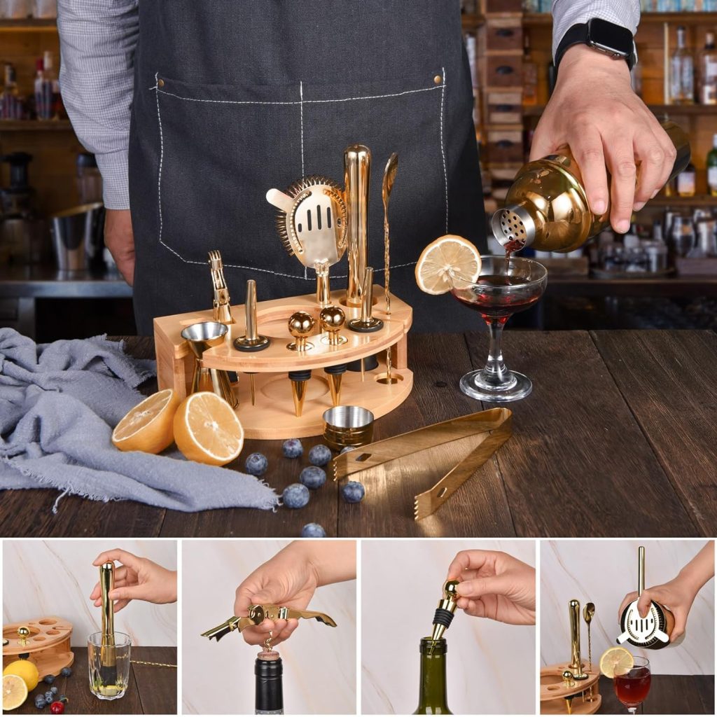 Quilamix Cocktail Shaker Set with Stylish Bamboo Stand, 12 Piece 25oz Bartender Kit for Mixed Drink, Professional Stainless Steel Bar Tool Set with Cocktail Recipes Bookle, Gift for Man Dad Friend