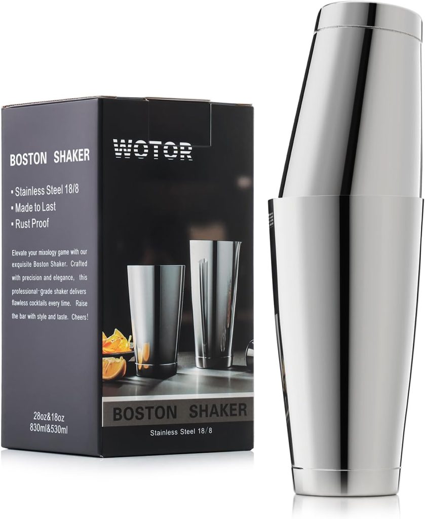 WOTOR Boston Cocktail Shaker Set, 18 oz  28 oz Stainless Steel Weighted Shaker Tins, Metal Martini Shaker Drink Mixer for Bartending, professional Bar Tools for Bartender （Sliver）