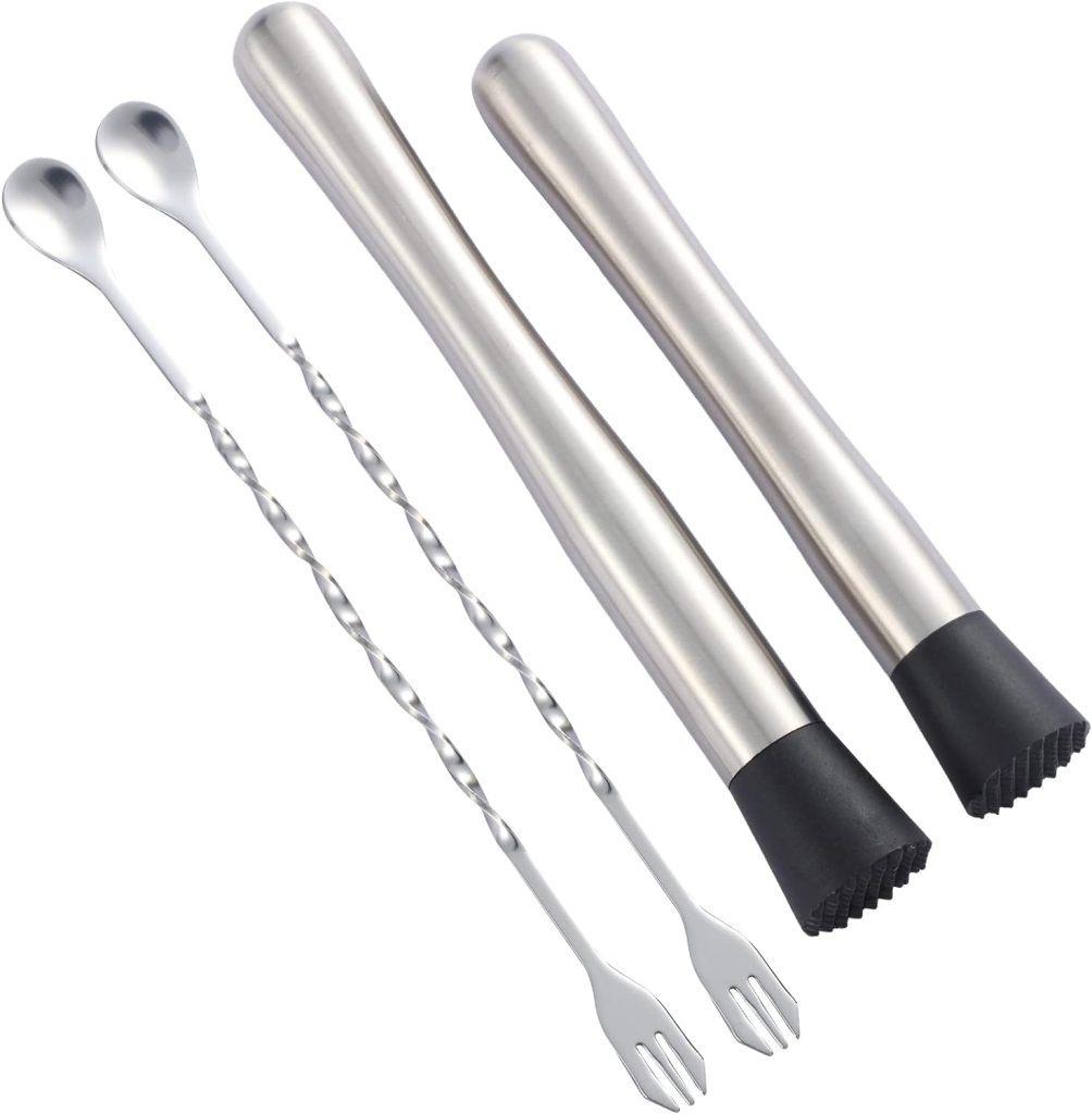 10 inch 8 inch Stainless Steel Cocktail Muddler with 2 Mixing Spoon, Home Bar Tool Set, for Making Creating Delicious Mojitos, Other Fruit Based Drinks Beverages in Various Containers