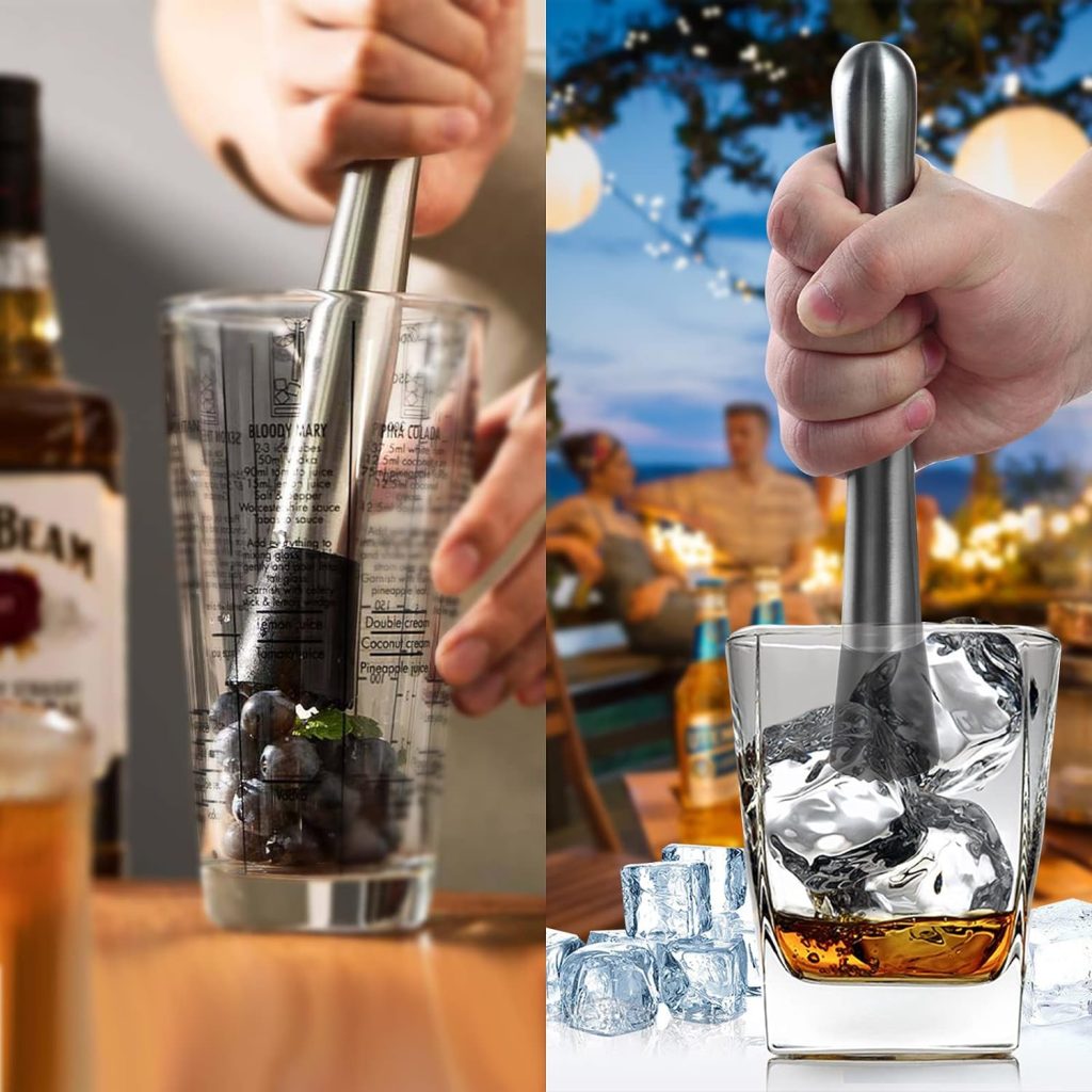 10 inch 8 inch Stainless Steel Cocktail Muddler with 2 Mixing Spoon, Home Bar Tool Set, for Making Creating Delicious Mojitos, Other Fruit Based Drinks Beverages in Various Containers