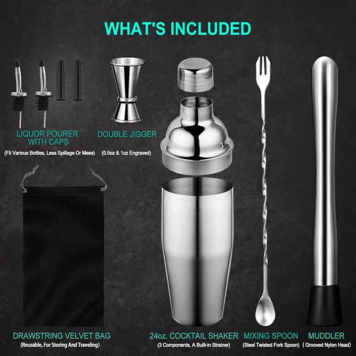 24 oz cocktail shaker set bartender kit by aozita stainless steel martini shaker mixing spoon muddler measuring jigger l 3