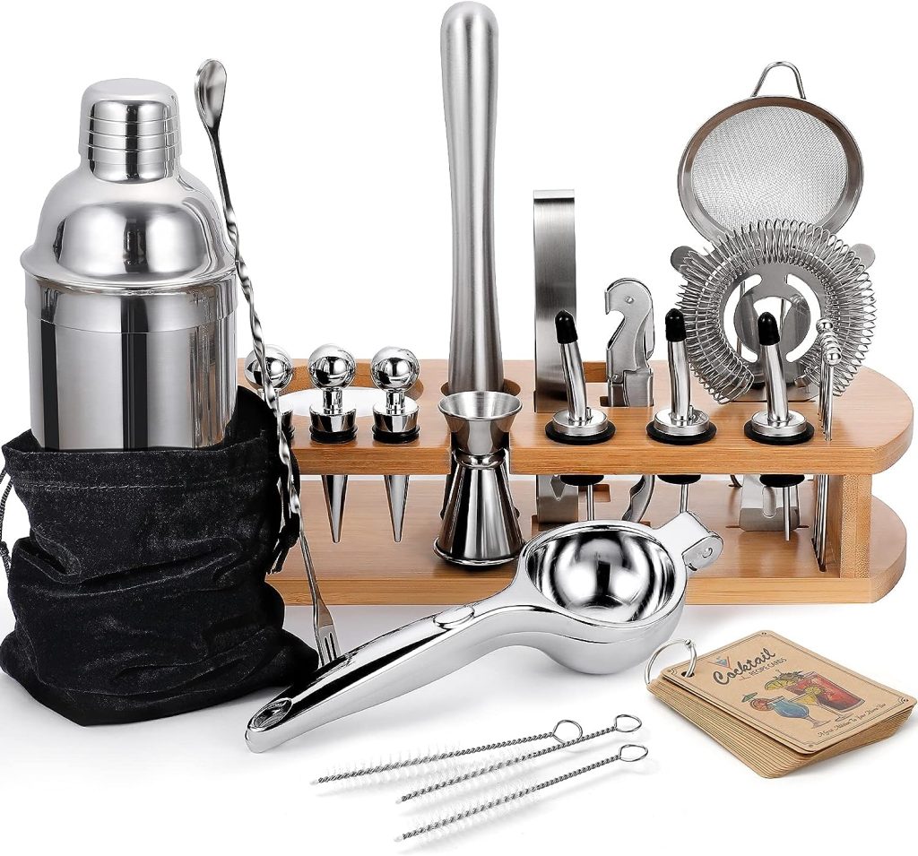 24-Piece Cocktail Shaker Bartender Kit with Stand, 24 oz Martini Shaker, Mixing Spoon, Muddler, Measuring Jigger, Lemon Squeez, Tongs, Corkscrew, Liquor Pourers and More Professional Bar Tools