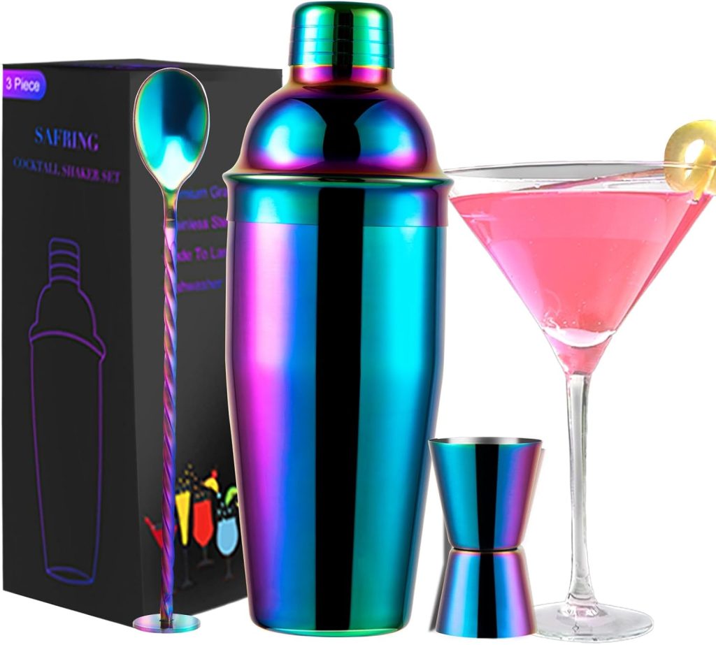 24oz Cocktail Shaker Bar Set, Martini Shaker with Built-in Strainer, Measuring Jigger, Mixing Spoon, Professional Stainless Steel Large Bartender Drink Shaker Margarita Alcohol Mixer-Rainbow