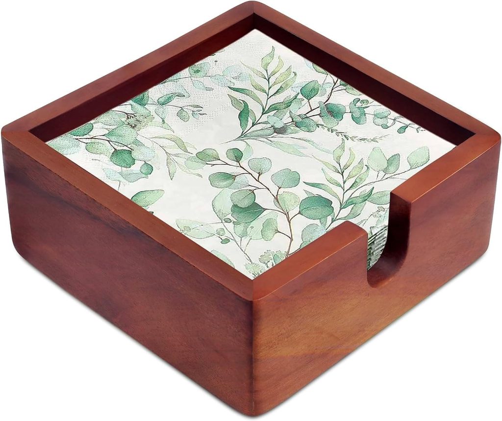 Acacia Cocktail Paper Napkin Holder Square 6.3 x 6.3 inches, Wood Flat Napkin Tray, Cocktail Napkin Caddy For Kitchen Décor, Restaurant Countertop Bar Accessories