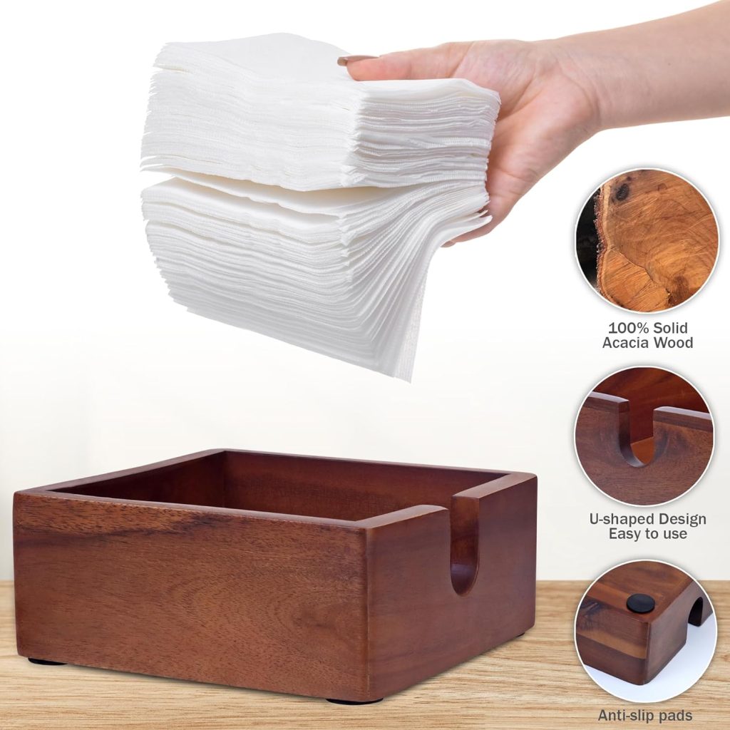 Acacia Cocktail Paper Napkin Holder Square 6.3 x 6.3 inches, Wood Flat Napkin Tray, Cocktail Napkin Caddy For Kitchen Décor, Restaurant Countertop Bar Accessories