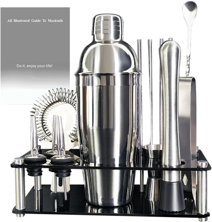 bartender kit 13 piece cocktail shaker set stainless steel bar tools with black stand 25 oz shaker jigger spoon pourers