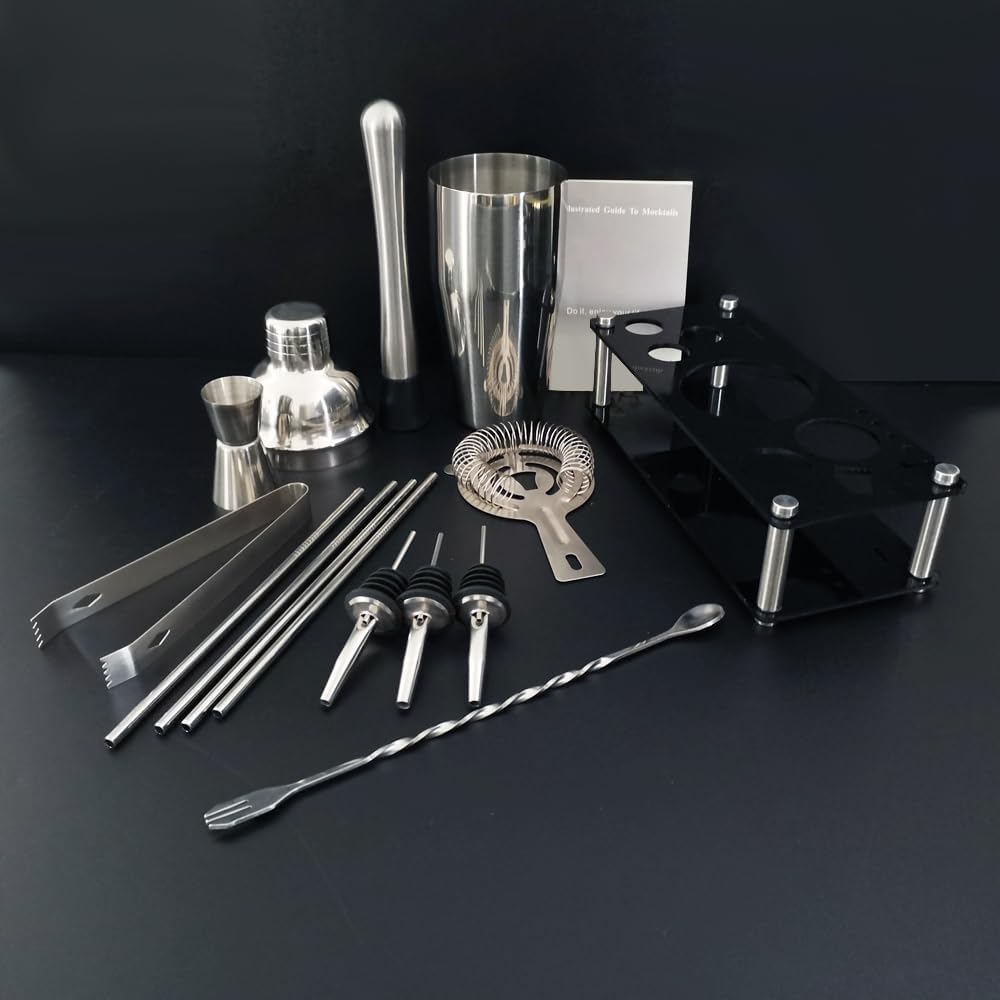 Bartender Kit, 13 Piece Cocktail Shaker Set Stainless Steel Bar Tools with Black Stand, 25 oz Shaker, Jigger, Spoon, Pourers, Muddler, Strainer, Tongs, Recipes