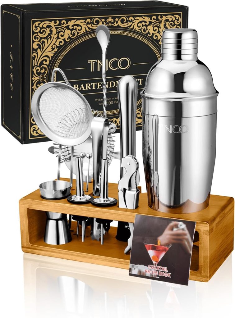 Bartender Kit, TNCO Cocktail Shaker Set with Stand,Bar Set Drink Mixer Set with All Essential Bar Accessory,Martini Mixer Cup with Muddler,Jigger, Strainer,Ice Tongs,Spoon,Liquor Pourers,Ice Filter