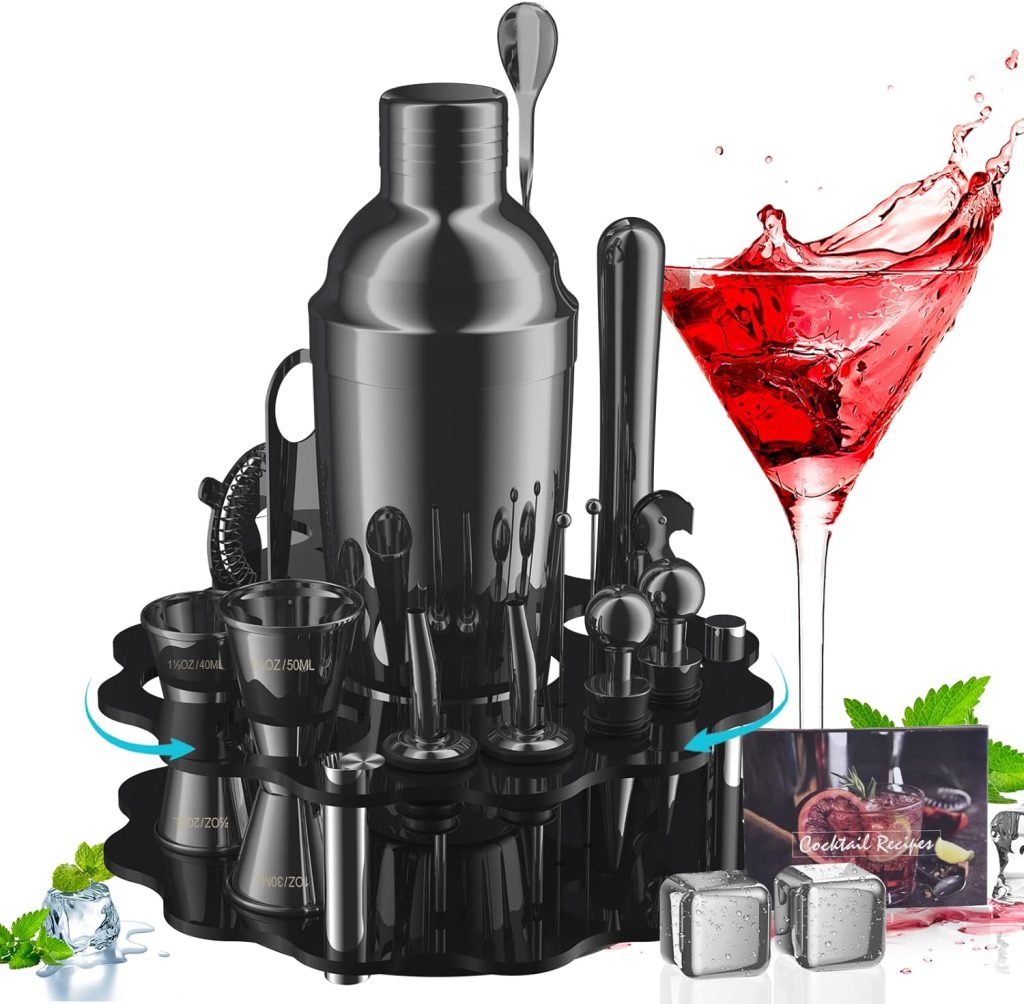 Bartender Kit with Rotatable Stand, 19-Piece Bar Set Cocktail Shaker Set 25 oz Martini Shaker for Drink Mixing, Professional Stainless Steel Bar Tools Set Gift for Home, Bar, Party (Black)