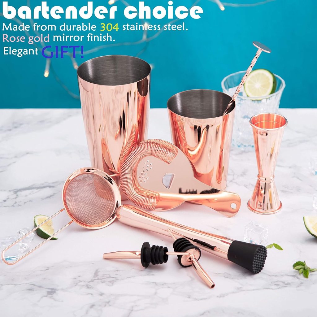 Boston Cocktail Shaker Set Bartender Kit Rose Gold Bar Set, 9 Pcs Barware Gift Set, 18oz  28oz Shaker Tins, Cocktail Strainer Set, Japanese Jigger, Muddler, Bar Spoon  Liquor Pourers