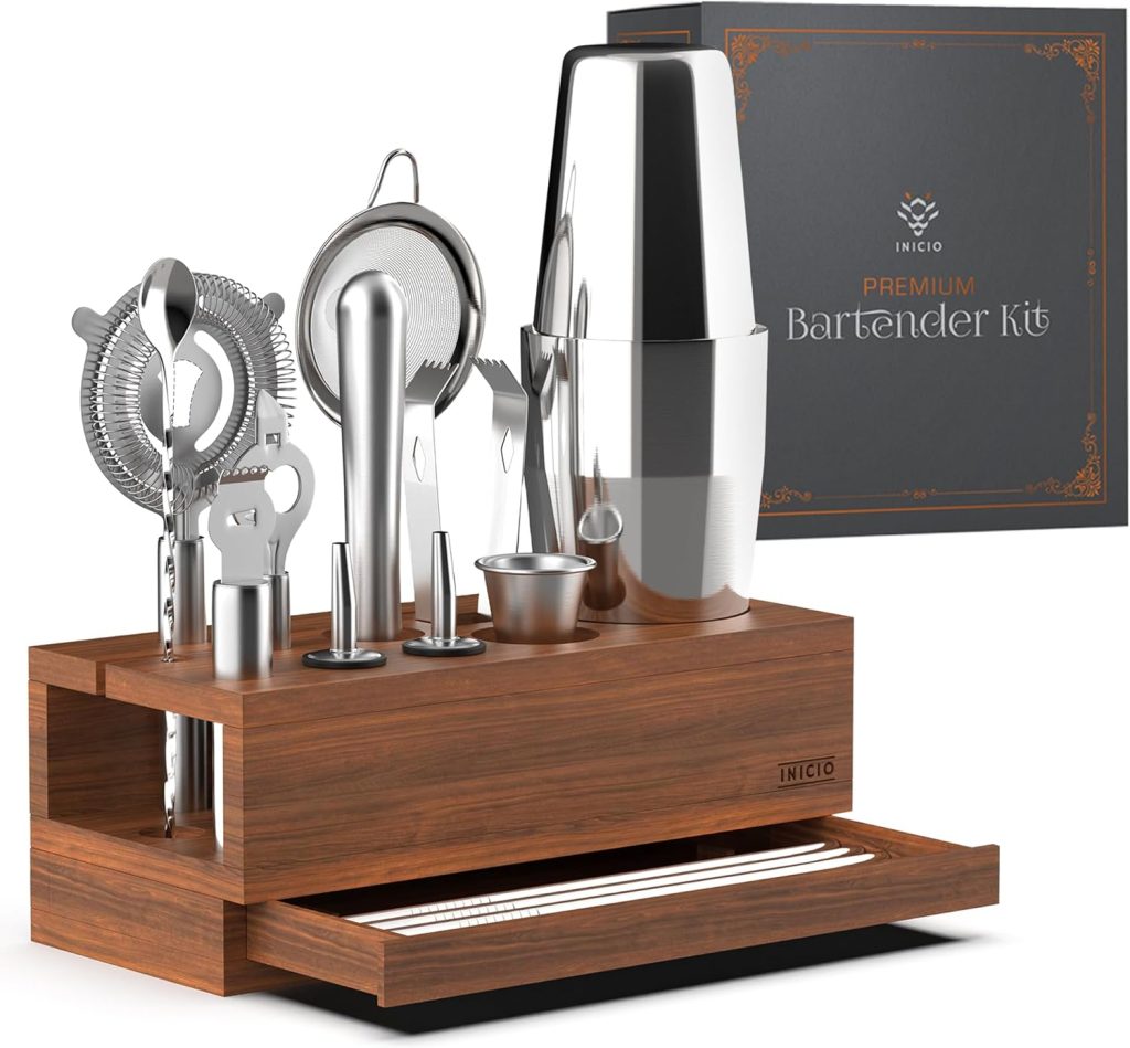 Boston Shaker Set Bartender Kit, Barware Tool Sets: Professional Bartender Kit, Durable Stainless Steel Boston Shaker Set, Bar Kit with Unique Acacia Mangium Stand, Cocktail Mixing Set, Mixology Set