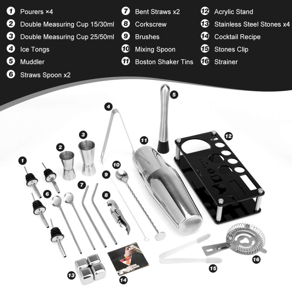 Cocktail Shaker Set, 23-Piece Boston Stainless Steel Bartender Kit with Acrylic Stand  Cocktail Recipes Booklet, Professional Bar Tools for Drink Mixing, Home, Bar, Party (Include 4 Whiskey Stones)